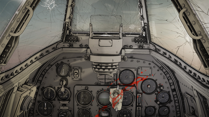 Cockpit of a damaged airplane with blood splatters