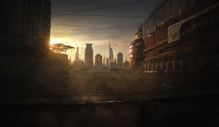 Apocalyptic cityscape at sunset with overgrown vegetation
