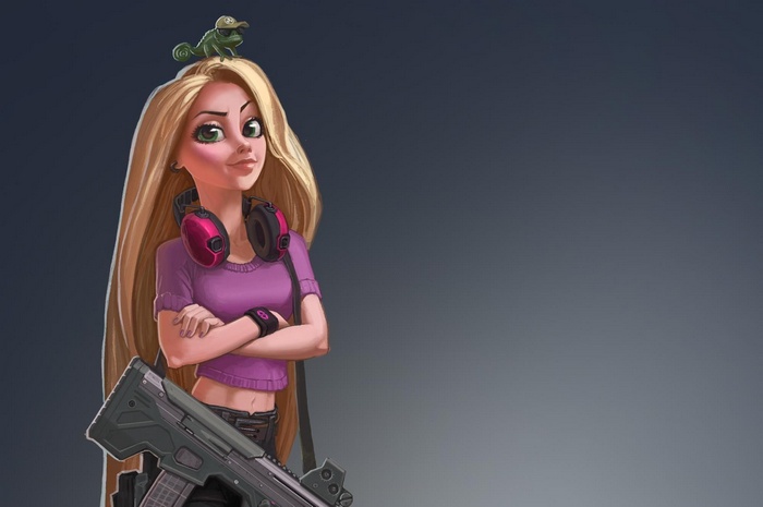 Rapunzel with a chameleon and a rifle