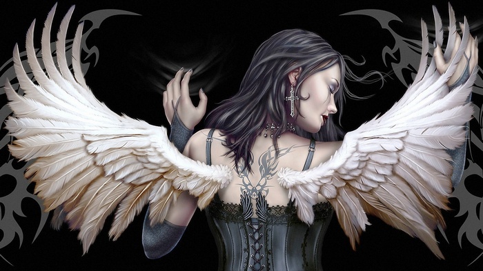 Gothic angel with white wings and tattoo