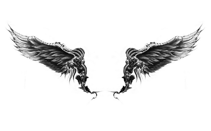 Mechanical wings with intricate details on white background