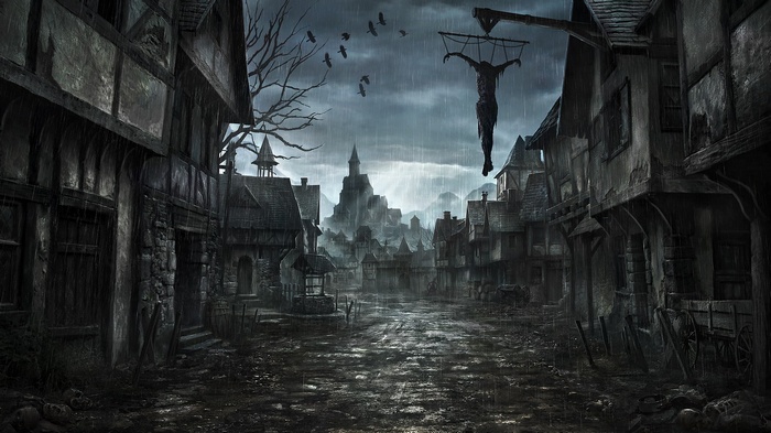 Fantasy village with a hanged figure in the rain