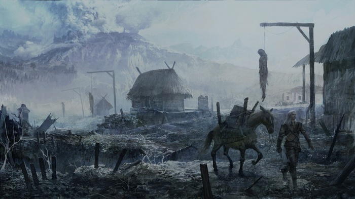 The Witcher: A desolate village with a hanged man and a volcano