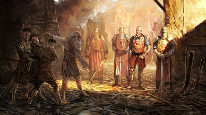 The Witcher Geralt and Knights in a Ruined City