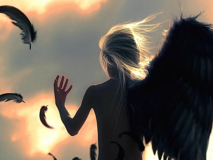Angel with black wings and falling feathers