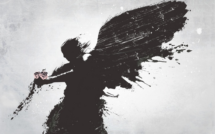 Angel with black wings holding pink roses