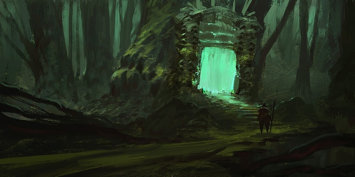 Fantasy art of a glowing gate in a dark forest