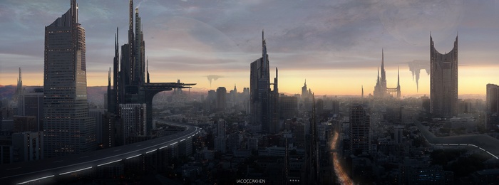 Futuristic city skyline at sunset with flying structures