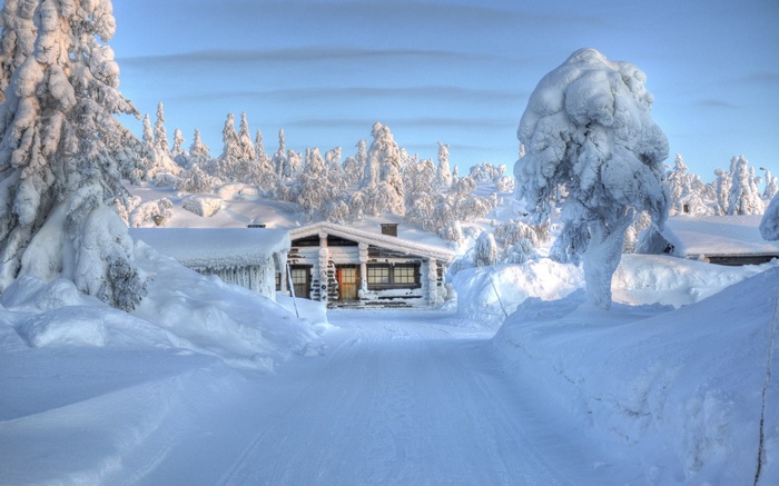 Snowy landscape with log cabin and trees