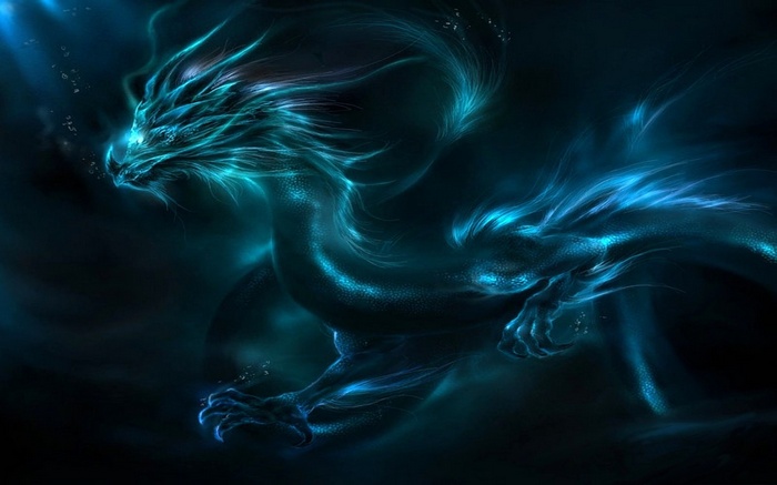 Blue glowing dragon in dark water