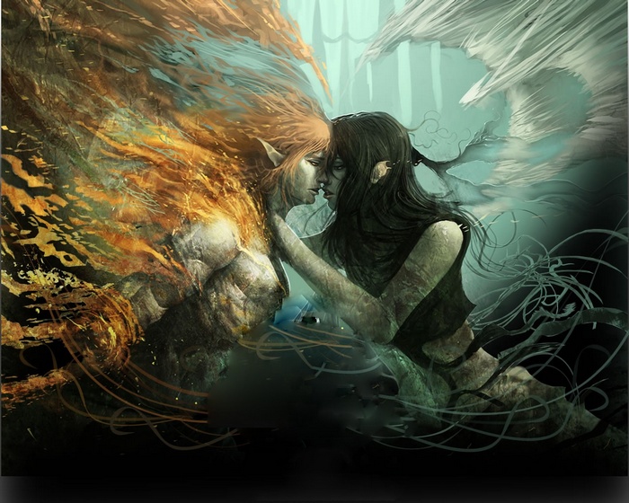 Fantasy art of two beings merging fire and ice