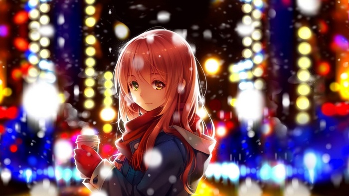 Anime girl with coffee in winter city lights