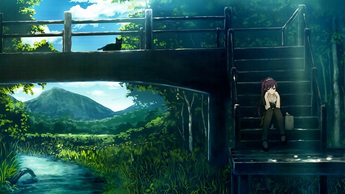 Anime girl and cat on a bridge overlooking a river and mountain