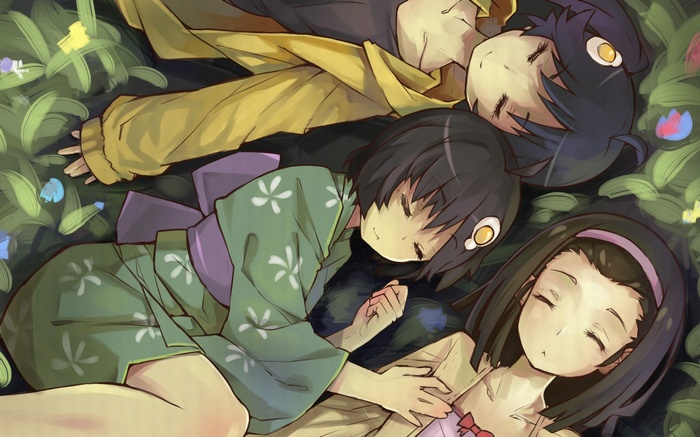 Monogatari Series: Araragi Karen, Sengoku Nadeko, Araragi Tsukihi sleeping