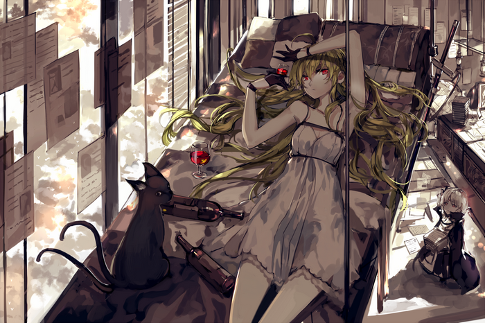 Anime girl with cat and bottles on a bed