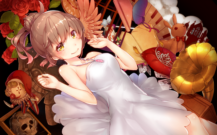 Anime girl in white dress with roses and toys