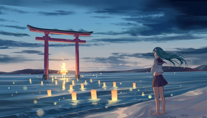 Girl by Torii Gate with Lanterns on Water