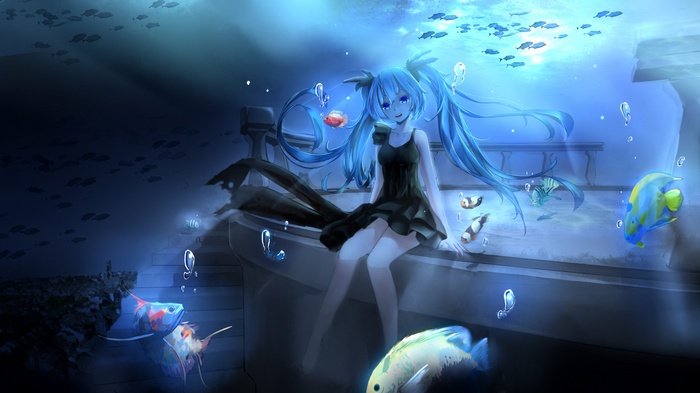 Hatsune Miku underwater with fish