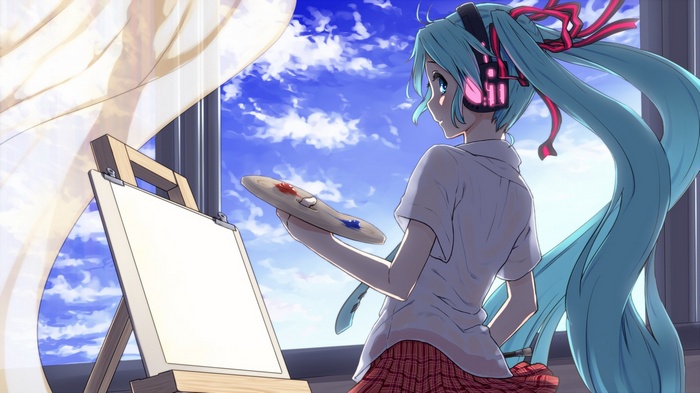 Hatsune Miku painting a picture outdoors