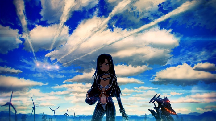 Anime girl with a robot and wind turbines