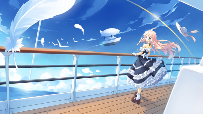 IA Vocaloid on a ship deck with a blimp