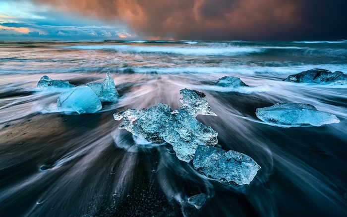 Icebergs on a black sand beach in Iceland