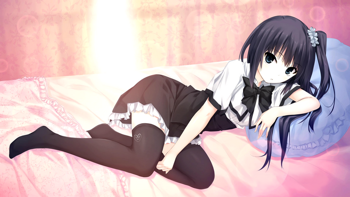 Anime girl with dark hair and thigh-highs lying on a bed