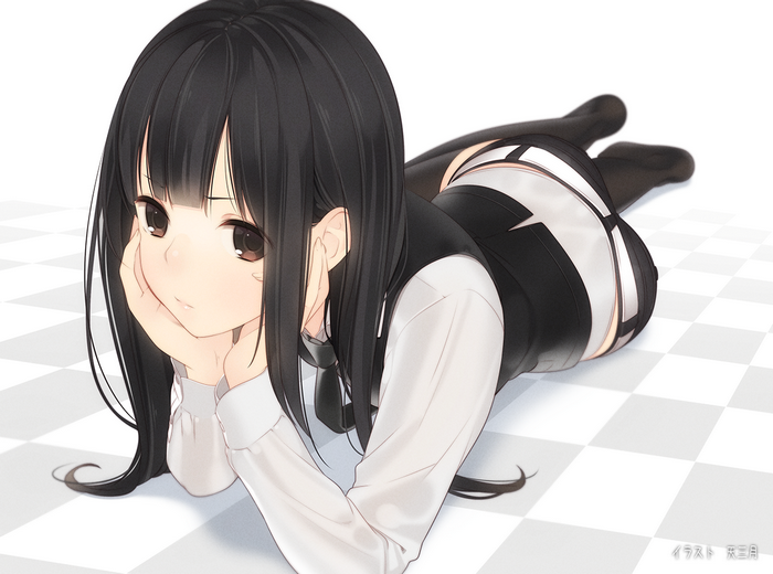 Anime girl with long dark hair lying down