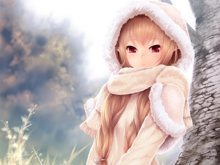 Anime girl with blonde hair and red eyes in winter clothes