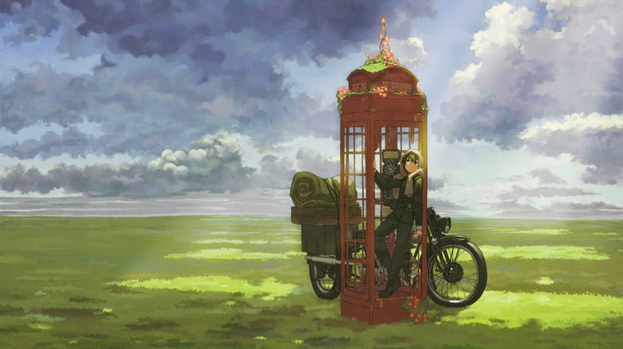 Kino's Journey: Kino and her motorcycle by a phone booth