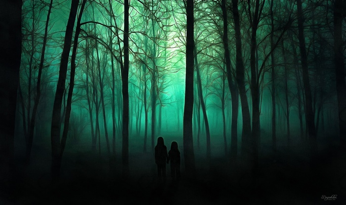 Two figures in a spooky, green forest