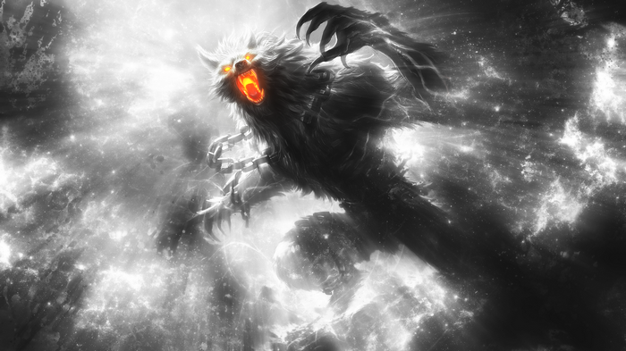 Fenrir from Smite with glowing eyes and chains