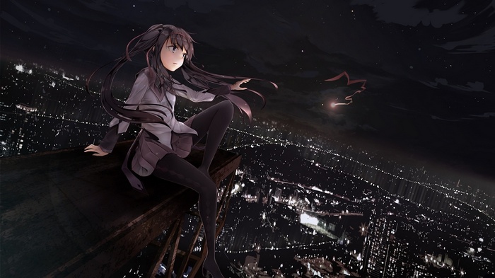 Anime girl sitting on a rooftop at night