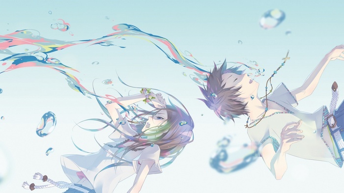 Anime couple floating in colorful water