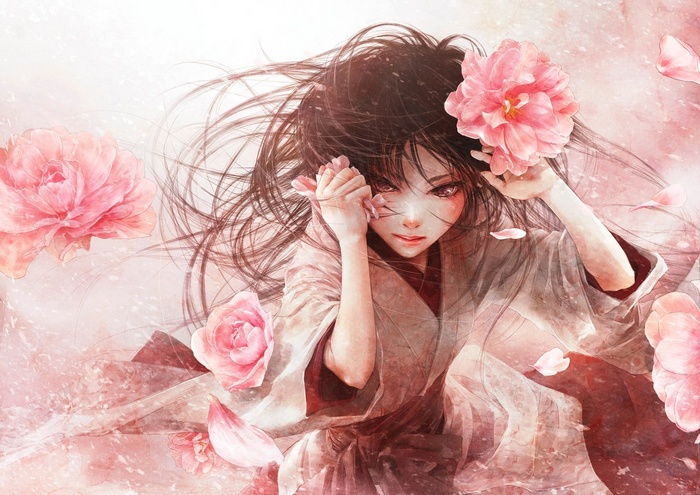 Anime girl with pink flowers
