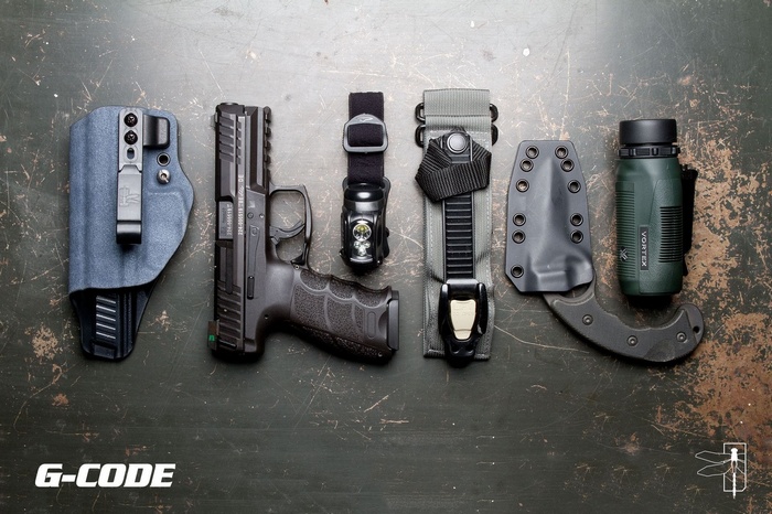 G-Code pistol, knife, flashlight, and monocular