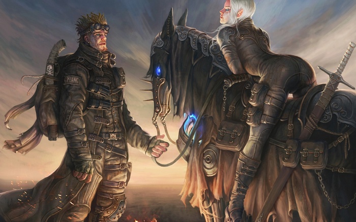 concept art, horse, weapon, fantasy art, men, ass, women, bent over, platinum blonde, sword
