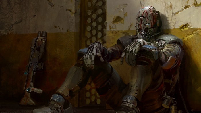 Cyborg soldier resting with a rifle in a derelict room