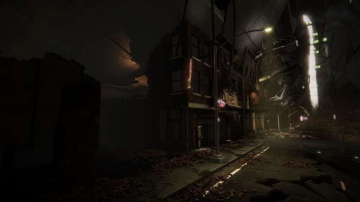 Cyberpunk city street at night with destroyed buildings