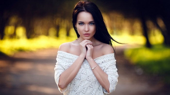 Angelina Petrova, white clothing, looking at viewer, photography, bare shoulders, Denis Petrov, women outdoors, model, women, blue eyes, portrait, depth of field, brunette