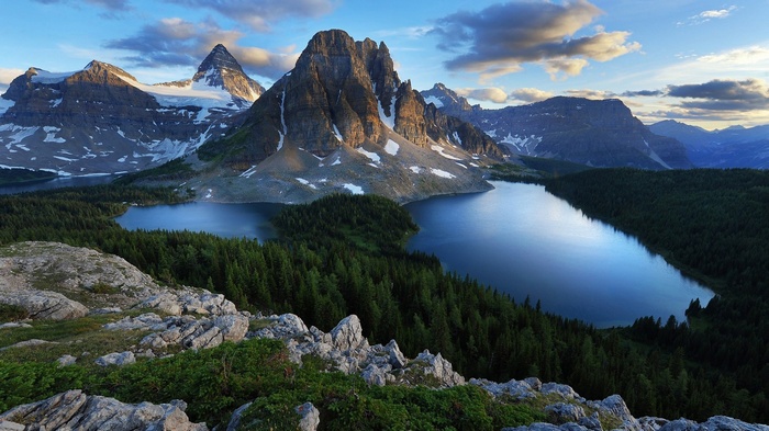 Lake and snow-capped mountains in British Columbia at morning