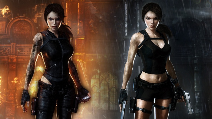 Lara Croft from Tomb Raider in two different environments