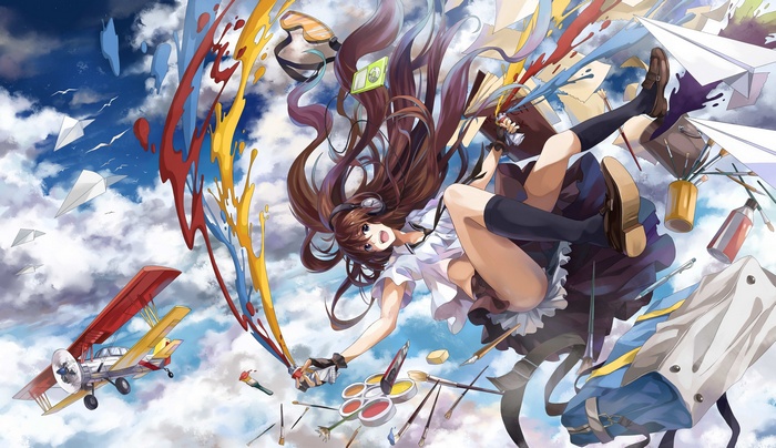 Girl painting in the sky with airplanes