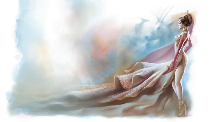 Fantasy art of a woman in a flowing dress with antelopes