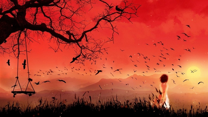 Anime girl watching birds fly at sunset