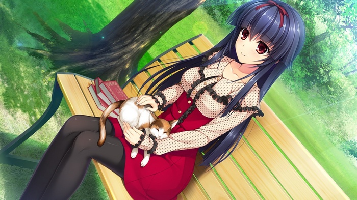 Anime girl holding a cat on a park bench