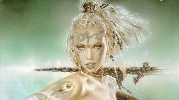 Fantasy art by Luis Royo of a warrior woman with tattoos