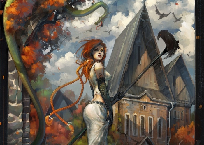 Redhead woman with braided hair and a crow staff