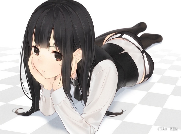 Anime girl with black hair lying down