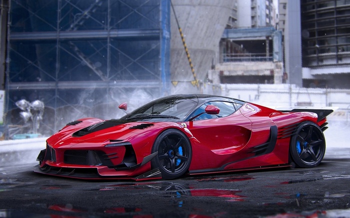 Red Ferrari sports car with custom body kit